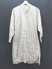 ◇ earth music&ecology ストライプ バンドカラー ゆったり 長袖 ロング ワンピース サイズF ベージュ レディース E  【1308290063477】