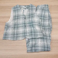 ◇ LOWRYS FARM チェック柄 Vネック ワイド セットアップ サイズF グリーン レディース E  【1308290065389】