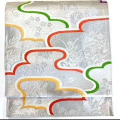 ［5216］袋帯 草花霞文様 銀彩 シルバー 六通 正絹 着物 フォーマル