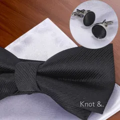 蝶ネクタイ(黒)   ポケットチーフ(白)  |カフス(白・黒)  メンズ 3点セット タキシード ボウタイ ネクタイ  ブラック ホワイト