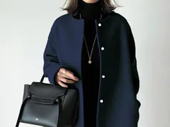 シンプル ミドル 丈 ラウンドネック ベルトレス 韓国風 コート ダークブルー　003045F