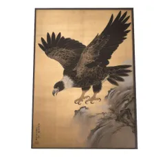 【B4サイズ（約25x36cm）】【si-poster-407】鷹 タカ 猛禽類 鳥 金 縁起物 福 幸 風水 開運アート 金運 和室 事務所 お祝い 事務所 ポスター グッズ 運気上昇 アートプリント ポスター フォト フレーム アート ゴールド