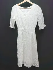 ◇ OLIVE des OLIVE Vネック フロントボタン 刺繍 裏地あり 七分丈 ロング ワンピース サイズF ホワイト レディース E  【1309040033160】
