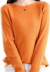 Elixio エリクシオ リブニット レディース トップス セーター 長袖 薄手 無地 シンプル 上品 きれいめ 着痩せ 細見え ベーシック オフィス 秋 冬 (オレンジ,  XL)