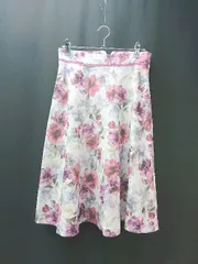 ◇ PROPORTION サイドジップ 総花柄 きれいめ 裏地あり かわいい 膝丈 フレア スカート サイズ3 ピンク レディース E  【1309040034686】
