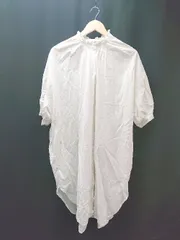 ◇ Samansa Mos2 ノーカラー フリル かわいい サイドスリット 半袖 ロング丈 ワンピース サイズF ホワイト レディース E  【1309040034730】