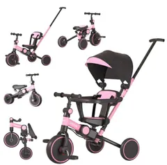子供用三輪車 7in1 三輪車 折りたたみ 手押し棒 おしゃれ 1歳-6歳 ランニングバイク バランスバイク コンパクト 自転車 おもちゃ 乗用玩具 幼児用 キッズバイク プレゼント おもちゃ 調整可能 お祝い ギフト シートベルト付き (ピンク)