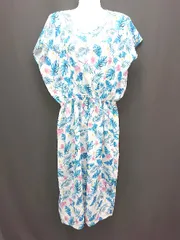 ◇ Cocoonist ウエストゴム プルオーバー 花柄 腰紐付き 半袖 ロング ワンピース サイズM-L ブルー系 レディース E  【1309040041028】