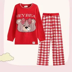 新品 赤チェック くま柄 ルームウェア レディース 半起毛 フリース 前開き パジャマ 秋冬用 フリーサイズ