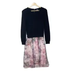 JUSGLITTY(ジャスグリッティー) ワンピース サイズ1 S レディース美品  - 黒×ライトピンク×マルチ クルーネック/長袖/ひざ丈/花柄