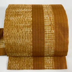名古屋帯 秀品 紬地 幾何学模様 縞模様 絞り 山吹茶色 正絹 【中古】
