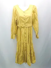 ◇ ◎ nice claup Vネック ガーリー ティアード ギャザー 長袖 ロング丈 ワンピース サイズFREE イエロー レディース E  【1309040044371】