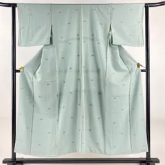 色無地 身丈151.5cm 裄丈62cm S 袷 地紋 灰緑 正絹 優品 一つ紋 【中古】