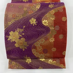 【美品】 袋帯 秀品 振袖向き 桜 流水 金糸 箔 紫 全通 正絹 【中古】