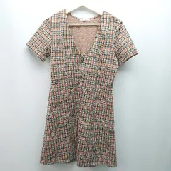 ◇ ZARA Trafaluc フロントボタン チェック柄 大人カジュアル 半袖 ミニ丈 ワンピース サイズL オレンジ レディース E  【1309040058095】