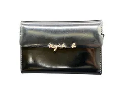 12661-015★ agnes b. アニエスベー 三つ折り財布 がま口 エナメル レザー ブラック ボルドー ゴールド金具 ロゴ コンパクトウォレット レディース★