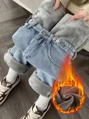 女性用カジュアルストレートレッグジーンズ、複数ポケット付き、秋冬用フリース裏地デニムパンツ、ブレンド、ロング丈、ゆったり、多用途、