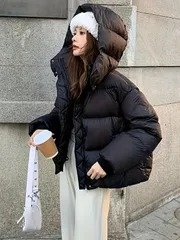 女性用コージーブラウンパファージャケット - スタイリッシュな長袖、フレアヘム、厚手の冬用コート、ポケット付き、カジュアルルーズフィ