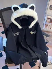 秋冬フード付き パーカー レディース クマの 耳の 毛皮の 襟の カーディガンジャケット レディース 秋 冬 新作 アメリカン スタイルの ゆっ