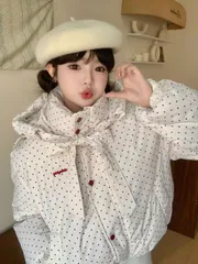 中綿 ジャケット フード付き レディース 中綿 秋 冬 韓国風 かわいい フード付き ドット柄 ジャケット 綿 コットン フード付き 秋 冬 中綿 