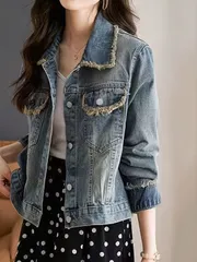 ヴィンテージ デニムジャケット レディース ショート丈 折り襟 胸ポケット 開襟 長袖 春 秋 ジージャン フリンジ おしゃれ ダメージ 合わせ