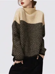 撞色?接 ハイネックニット レディース 秋冬 ゆったり ルーズスタイル レトロ おしゃれ インナー プルオーバーニット