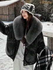 レディース冬用厚手ダウンコート、取り外し可能な毛襟、ゆったりしたショート丈の綿入りジャケット、秋冬のファッショナブルなコーディネー