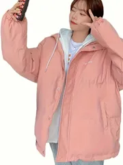 女性用ライトピンクのパッド入りフード付きジャケット - 暖かく、防風性のある冬コート、ドローストリング付き、長袖＆サイドポケット、寒