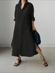 レディース エレガント ロングスリーブ ワンピースドレス - ベージュ フォーマル＆カジュアル オフィスウェア、ボタンフロント ルーズフィ