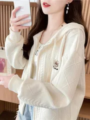 【新作登場】くまの立体刺?が超可愛い！ジップアップフーディー 肌触り良い凹凸素材 抜け感シルエット 女子の秋冬定番スウェット