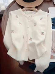 ライトブルー レディースカーディガン - 花刺繍入りニット パールデコレーション 秋冬のオフィスパーティーに 伸縮性素材 洗濯機可 ゆった