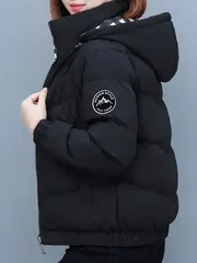 レディースカジュアルフード付きジャケット - 長袖コート、ジッパー付き、黒と白の縁取り、山花刺繍、冬用暖かくスタイリッシュ、カジュア