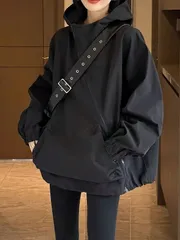 レディース フード付きジャケット - サイドジッパー付き ルーズフィット ウィンドブレイカーコート、春/秋のトランジショナルウェザー用 軽