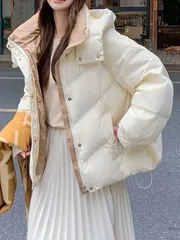 女性用 冬季暖かいホワイトダックダウン フード付きジャケット - 全開閉ジップ仕様、洗濯機対応、アウトドア＆カジュアルキャンプ着用、エ