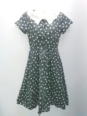 ◇ merry jenny ドット柄 ウエストゴム かわいい 裏地あり 半袖 ロング丈 ワンピース サイズF ネイビー レディース E  【1309040087262】