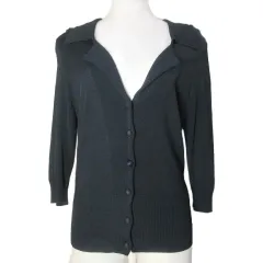 シビラ SYBILLA ニットカーディガン 7分袖 オープンカラー 薄手 レーヨン L 黒 ブラック /X