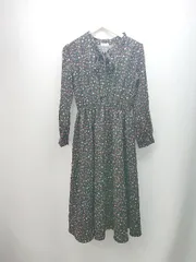 ◇ earth music&ecology 花柄 フラワー ウエストゴム 裏地あり 長袖 ロング ワンピース サイズF ブラック レディース E  【1309040092488】