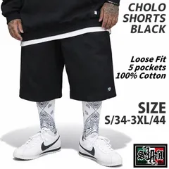 15% OFF 6600円 → 5610円 SANGRE AZUL CHOLO SHORTS チョロショーツ 5ポケット 膝下丈 チカーノ ウエストコースト ギャングスタ ヒップホップ ストリートウェアー 100%コットン ブラック