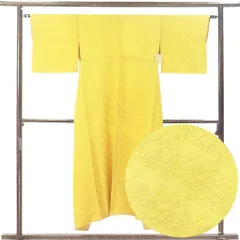 色無地 身丈145cm 裄62cm 前幅23cm 後幅28.5cm 袖丈43cm 袖幅32cm レディース 袷 無地 裄Sサイズ 秋冬春用 正絹（シルク）イエロー 難有り リメイク リユース リサイクル【呉服のきくや】