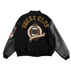 GUESS CLUB / ゲスクラブ 90's ヴィンテージ ヴァーシティージャケット レザー×ウール ブラック Lサイズ 刺繍デザイン