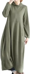 Elixio エリクシオ ワンピース レディース ミモレ丈 ロング丈 長袖 体型カバー ゆったり 楽ちん ハイネック やわらかい カジュアル 秋 冬 春 ルームウェア コクーンシルエット (カーキ,  XL)