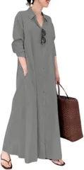 Elixio エリクシオ レディース ワンピース ロングワンピース マキシワンピース シャツワンピース ゆったり 大きいサイズ 体型カバー 長袖 開襟 薄手 カジュアル 旅行 春 秋 (ライトグレー,  M)