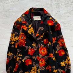 昭和レトロ ブラック×朱赤花柄 テーラードカラー 前開きロングワンピース総柄フリーサイズ