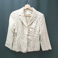 ◇ en quete ラメ 光沢感 裏地 ボタン Vネック 肩パッド 薄手 シンプル 長袖 ジャケット サイズ9 ベージュ レディース E  【1309250046530】