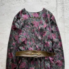 昭和レトロ 花柄ロングワンピース｜チャコール×紫ボルドー・ベルト付き11号　レトロデザイン