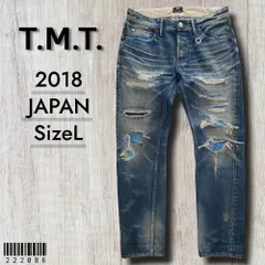 TMTティーエムティー■美品 2018年 日本製 限定生産 HQ DEERSKIN REPAIR DENIM 5P TAPERED 14oz L 備後 リアルヴィンテージ加工 ダメージ クラッシュ リペア セルヴィッチ 赤耳 テーパード デニム 定価50600のサムネイル