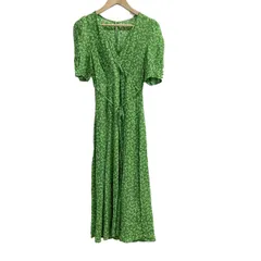 FRAY I.D(フレイアイディー) ワンピース サイズ0 XS レディース美品  - グリーン×ベージュ×黒 Vネック/半袖/ロング/花柄