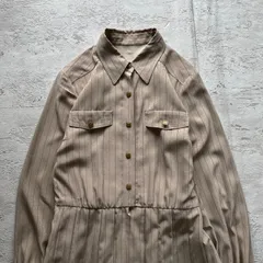 昭和レトロ ベージュ系 ストライプ シャツカラー 前開き ロングワンピース9号