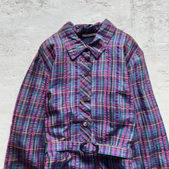 昭和レトロ マルチカラーチェック柄 ベルト付き 長袖ワンピース ロング丈パープル