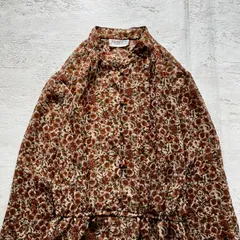 昭和レトロ 小花柄ブラウンロングワンピース長袖・ウエスト切替・クラシカルフラワー